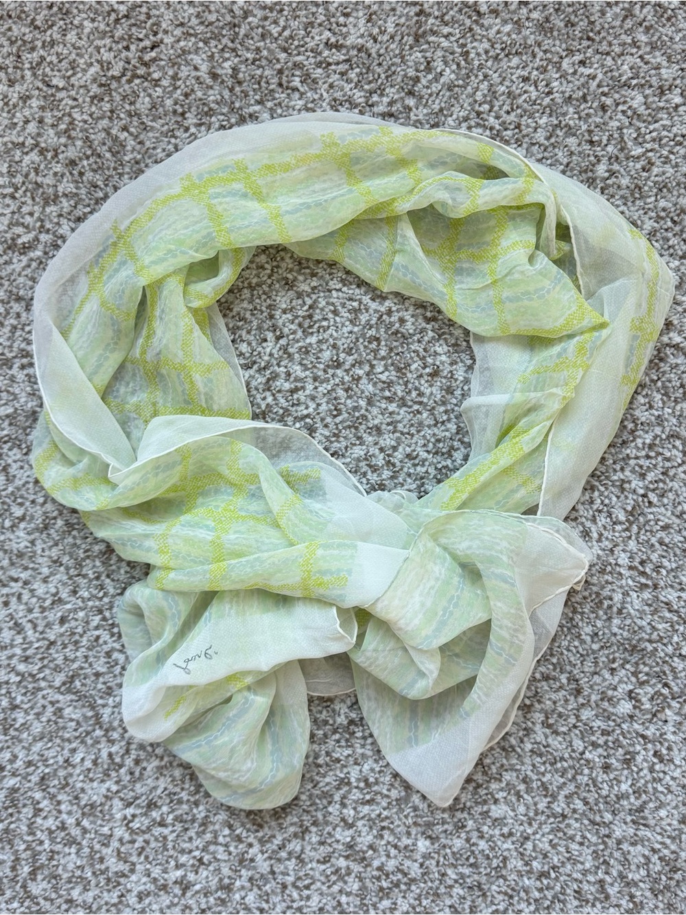 Vintage Authentic Silk Chiffon Scarf 16"x65" Hand Rolled Plaid Green/White